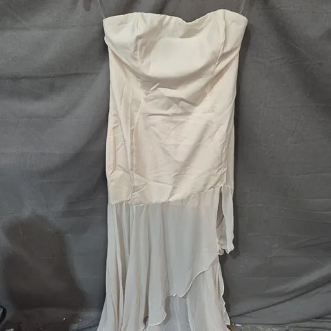 OH POLLY MELINA ASYMMETRIC STRAPLESS FISHTAIL MAXI DRESS IN IVORY, UK 12
