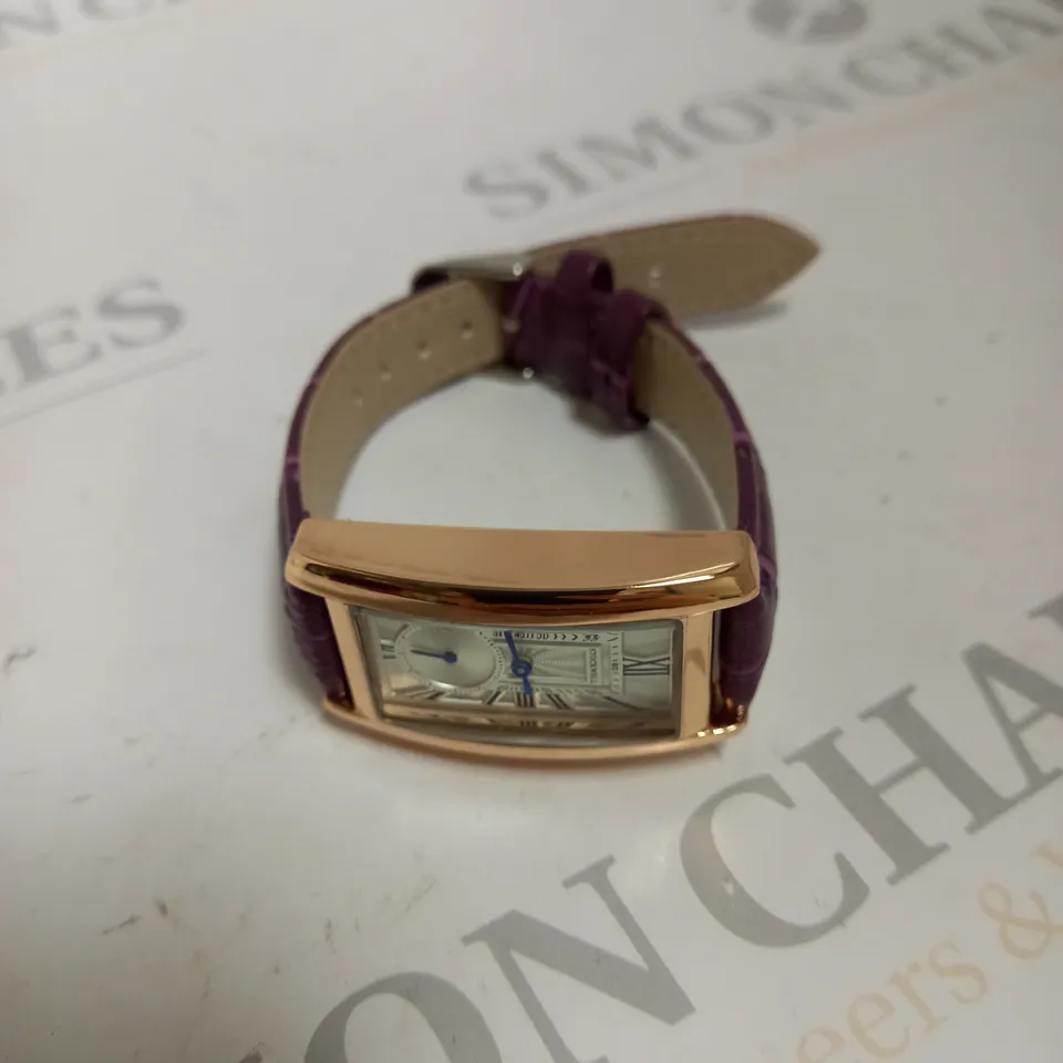 LADIES STOCKWELL WATCH – TEXTURED DIAL WITH SUB DIAL MINUTE HAND – PURPLE LEATHER STRAP.