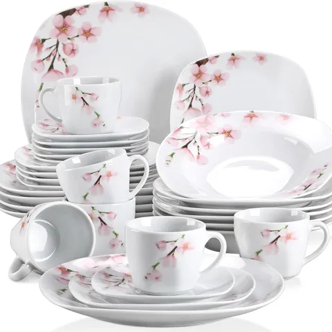 BOXED VEWEET 'ANNIE' 30-PIECE DINNER SET, IVORY WHITE DINNERWARE SET, PINK FLORAL TABLEWARE SET OF PORCELAIN PLATE SET, CUPS AND SAUCERS SET