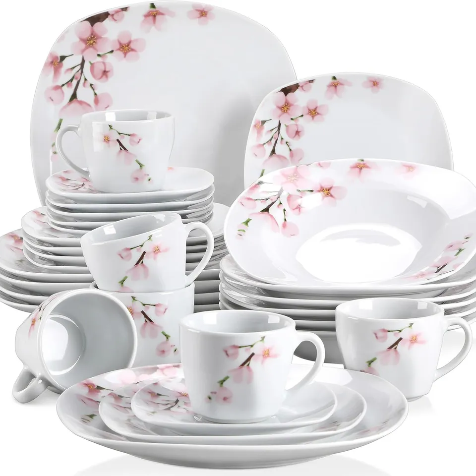 BOXED VEWEET 'ANNIE' 30-PIECE DINNER SET, IVORY WHITE DINNERWARE SET, PINK FLORAL TABLEWARE SET OF PORCELAIN PLATE SET, CUPS AND SAUCERS SET