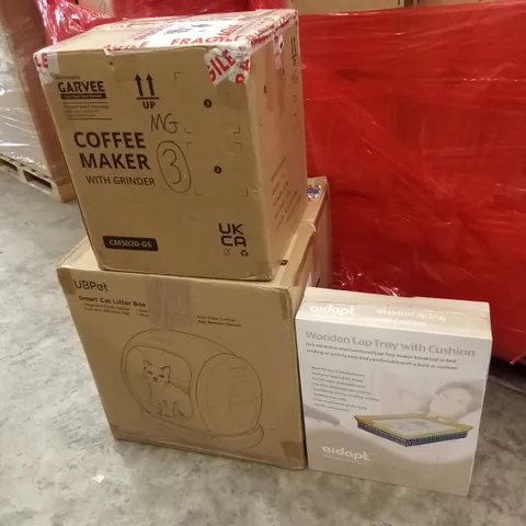 PALLET OF ASSORTED HOUSEHOLD GOODS AND PRODUCTS TO INCLUDE; COFFEE MAKER, CAT LITTER BOX, LAP TRAY, PET PRODUCTS ETC