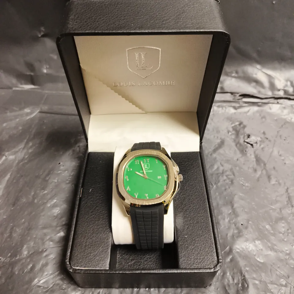 MENS LOUIS LACOMBE BLACK RUBBER STRAP GREEN DIAL WATCH