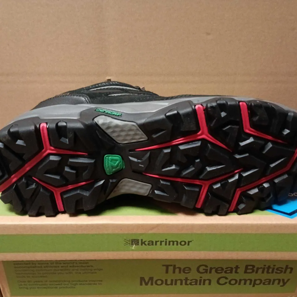 BOXED PAIR OF KARRIMOR MOUNT LOW WEATHERTITE BOOTS IN BLACK - UK 8