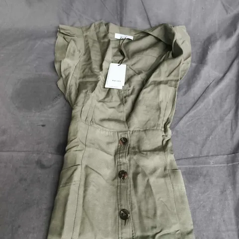 REISS EMMA PLUNGE FRILL SHIRT DRESS – KHAKI LINEN BLEND, UK8 