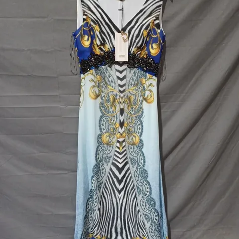 GENESE LASE SEQUIN DETAIL PRINT SHOULDER STRAP DRESS IN WHITE/BLUE MULTI - SIZE 40