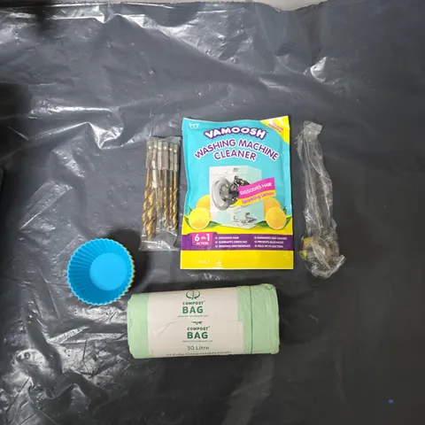 APPROXIMATELY 15 ASSORTED HOUSEHOLD ITEMS TO INCLUDE WASHING MACHINE CLEANER, BIN LINERS, DRILL BITS, CUPCAKE MOULDS & MEASURING SPOON
