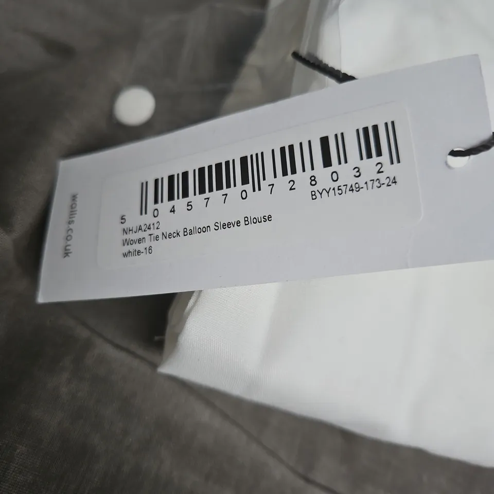 WALLIS W COLLECTION WHITE WOVEN TIE-NECK BALLOON-SLEEVE BLOUSE, UK 16