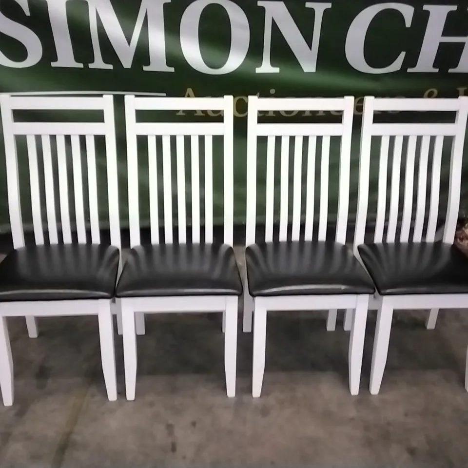 SET OF 4 WHITE WOODEN DINING CHAIRS WITH BLACK LEATHER SEAT