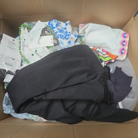 LARGE BOX OF APPROXIMATELY 25 ASSORTED CLOTHING ITEMS IN VARIOUS COLOURS, STYLES AND SIZES - COLLECTION ONLY
