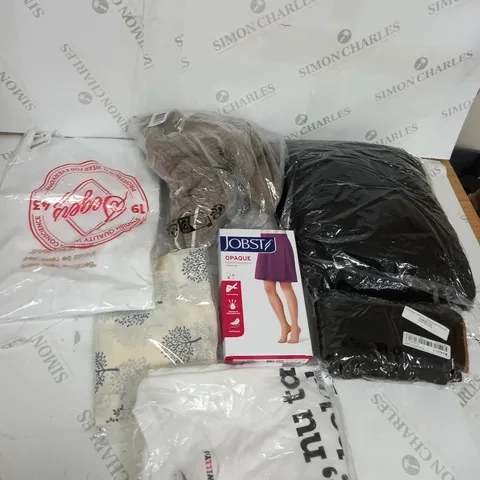 LARGE BOX OF ASSORTED CLOTHING ITEMS IN VARIOUS COLOURS AND SIZES INCLUDING TROUSERS , TOPS AND JUMPERS