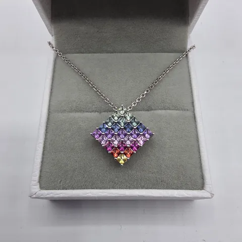 18CT WHITE GOLD PENDANT ON CHAIN SET WITH NATURAL RAINBOW SAPPHIRES WEIGHING +-1.30CT