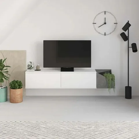 BOXED AULOS MODERN FLOATING TV STAND MULTIMEDIA CENTRE WITH STORAGE - WHITE/RETRO GREY (2 BOXES)