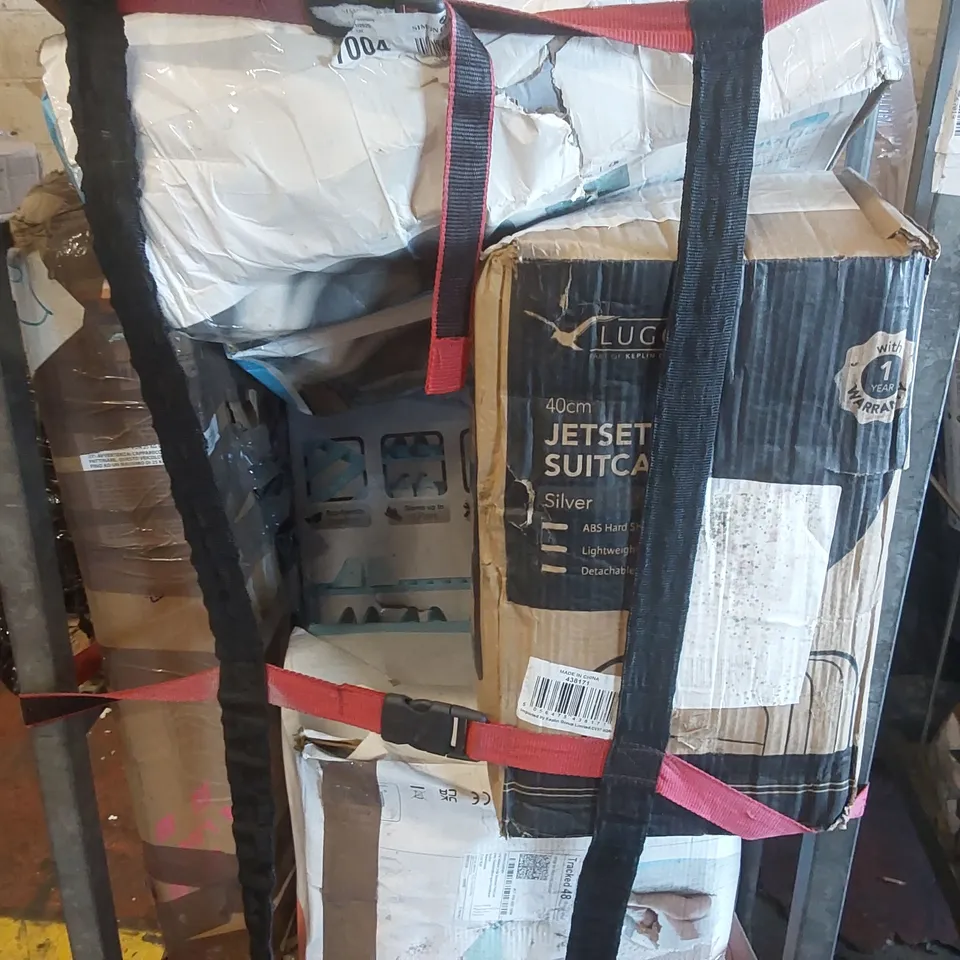 CAGE CONTAINING A LARGE QUANTITY OF ASSORTED ITEMS INCLUDING: SOFT PLAYPEN, BAMBOO SHOE RACK, PET CAR SEAT, SUITCASE ECT // CAGE NOT INCLUDED 