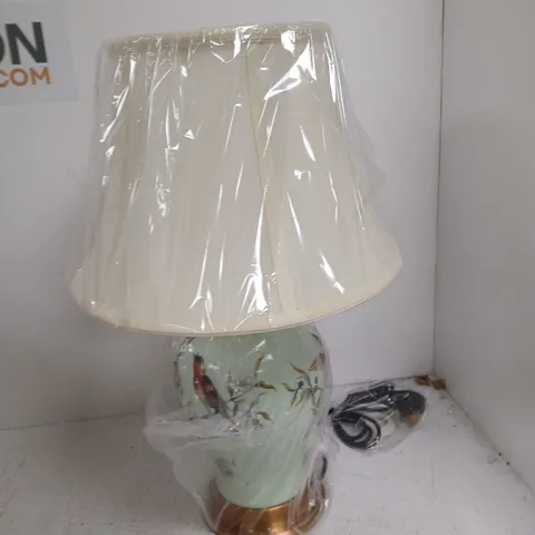 MINT GREEN CERAMIC TABLE LAMP WITH FLORAL PATTERN AND CREAM SHADE