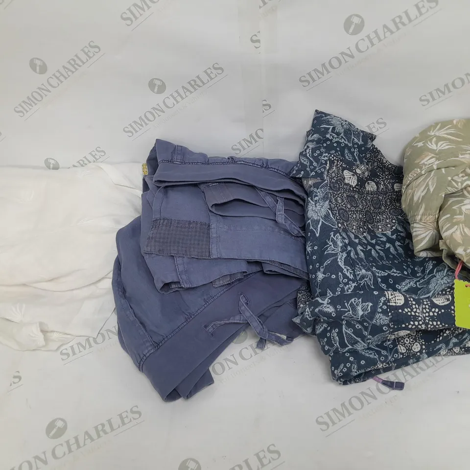 LARGE BOX OF ASSORTED CLOTHING ITEMS TOO INCLUDE TOPS , TROUSERS AND JUMPERS COMING IN DIFFERENT COLOURS AND SIZES 