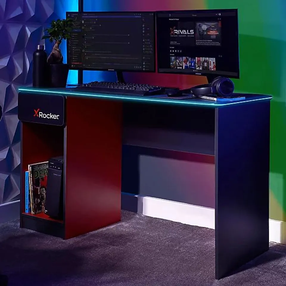 BOXED X ROCKER CARBON-TEK 120CM LED GAMING DESK WITH WIRELESS CHARGING - GREY / RED RGB (1 BOX)