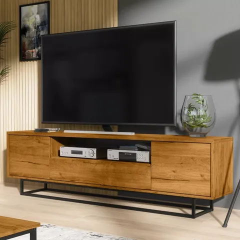 BOXED 200CM LOFT RETRO INDUSTRIAL TV UNIT STAND VINTAGE OAK CABINET CUPBOARD (2 BOXES)