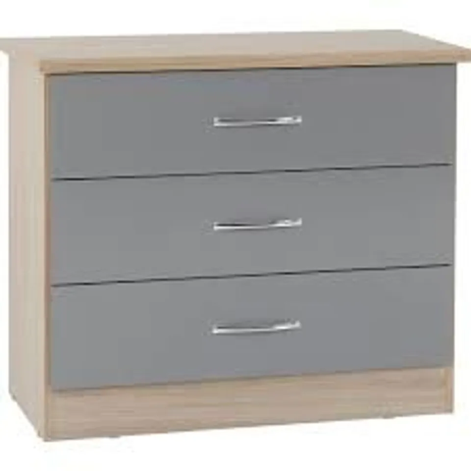BOXED NEVADA 3 DRAWER CHEST - GREY GLOSS/LIGHT OAK (1 BOX)