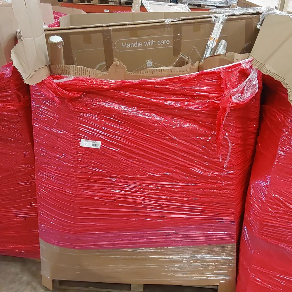 LARGE PALLET OF ASSORTED HOUSEHOLD PRODUCTS TO INCLUDE; CURTAIN RAIL, MOBILE BOARD, SCELTO PARASOL AND PAN SET