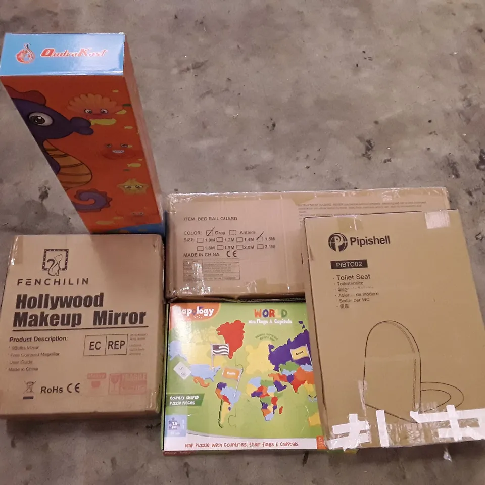 PALLET OF ASSORTED PRODUCTS INCLUDING TOILET SEAT, BED RAIL GUARD, HOLLYWOOD MAKEUP MIRROR, MAPOLOGY WORLD MAP 