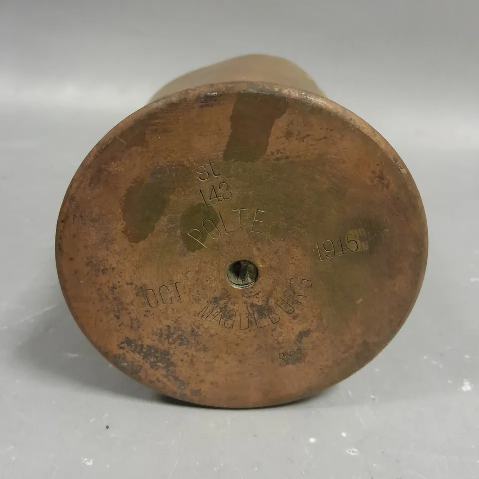 WW1 GERMAN ARTILLERY SHELL CASING MARKED POLTE MAGDEBURG ST-142 OCT 1915 