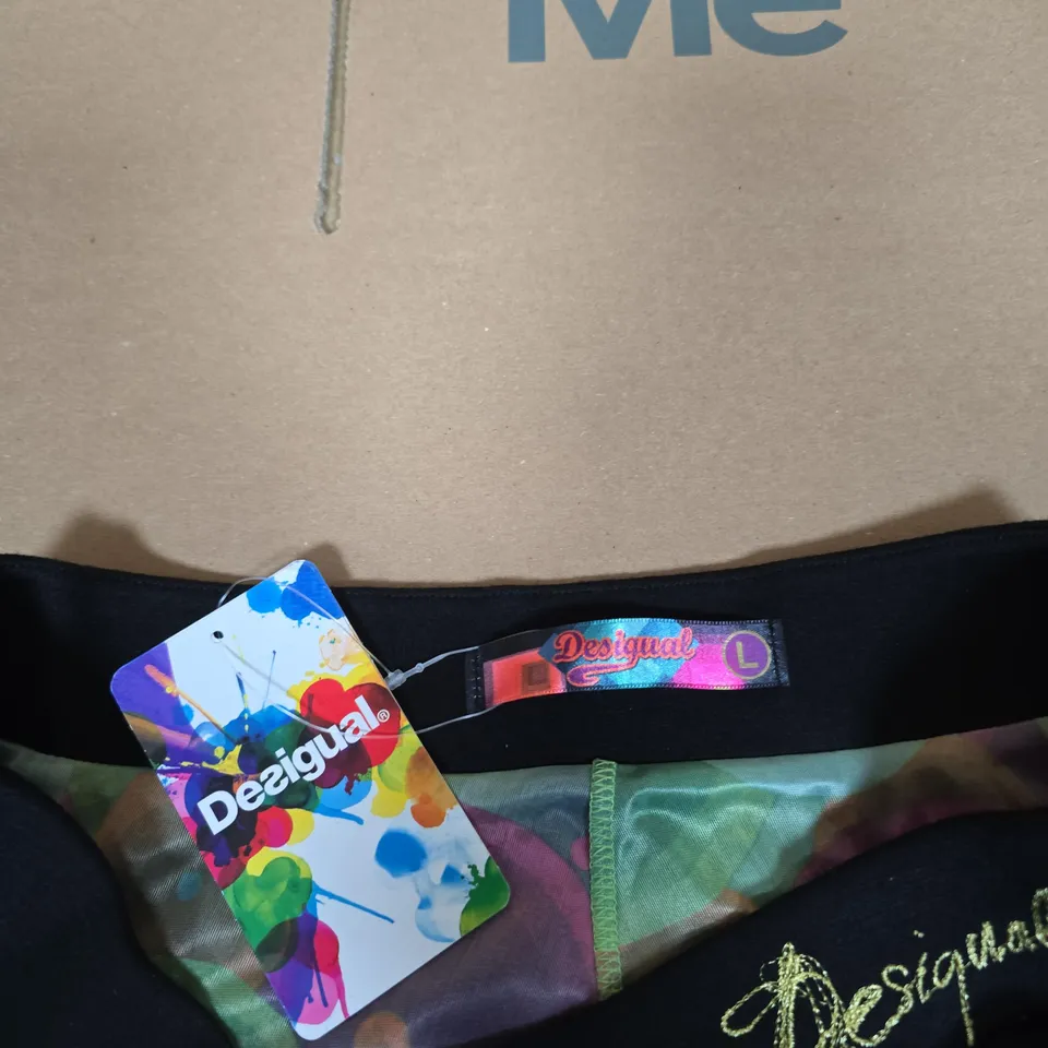 DESIGUAL WOMEN'S SKIRT – BLACK WITH COLOURFUL TRIANGLE PRINT – SIZE L