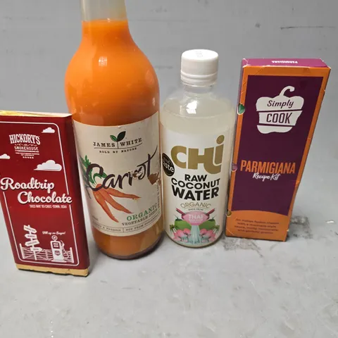 APPROXIMATELY 10 ASSORTED FOOD & DRINK ITEMS TO INCLUDE - HICKORYS CHOCOLATE , JAMES WHITE JUICE , SIMPLY COOK PARMIGIANA RECIPE KIT ETC