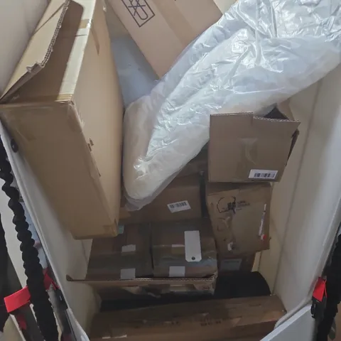 CAGE OF APPROXIMATELY 12 ASSORTED HOUSEHOLD ITEMS INCLUDING DARK GREY SHELVES , PLANT TROUGHS AND BATH SEAT