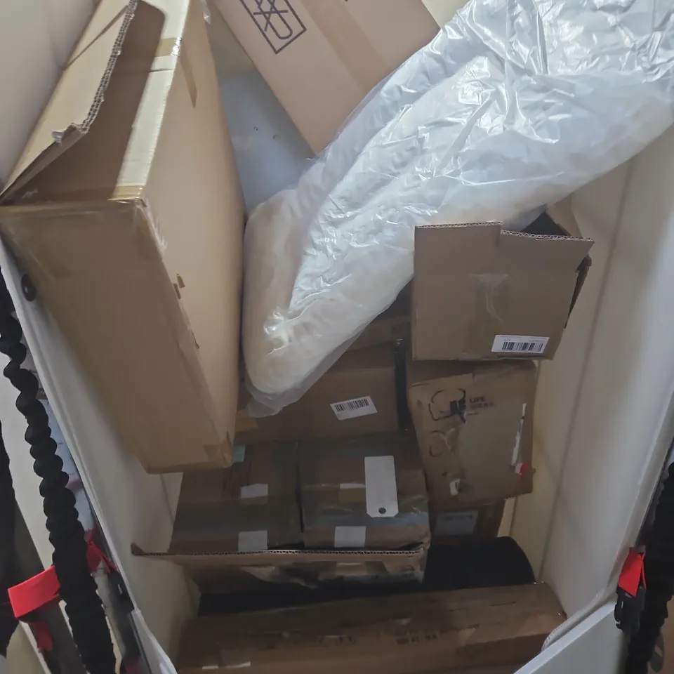 CAGE OF APPROXIMATELY 12 ASSORTED HOUSEHOLD ITEMS INCLUDING DARK GREY SHELVES , PLANT TROUGHS AND BATH SEAT