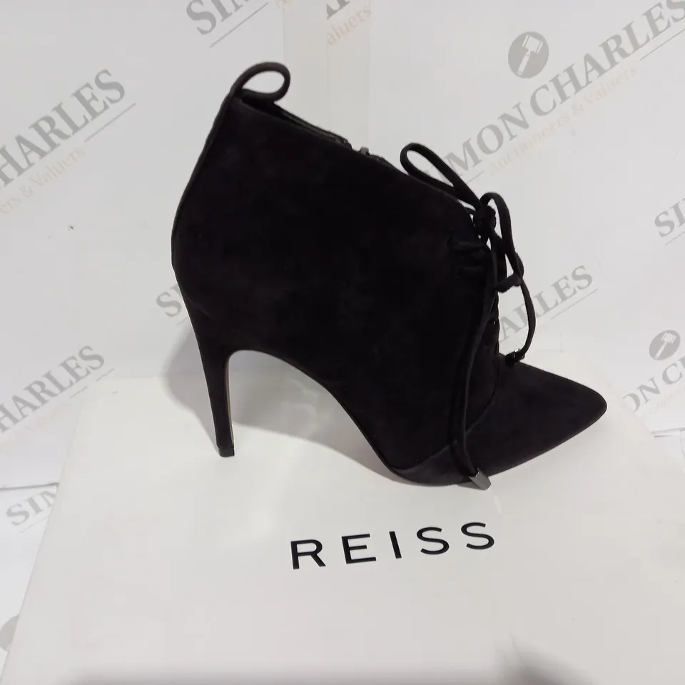 BOXED REISS SUEDE CHOCOLATE BOOT HEELS - SIZE 5