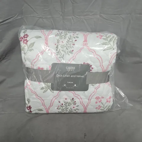 COZEE HOME FAUX LINEN & VELVET THROW – FLORAL PATTERN - 150CM X 200CM