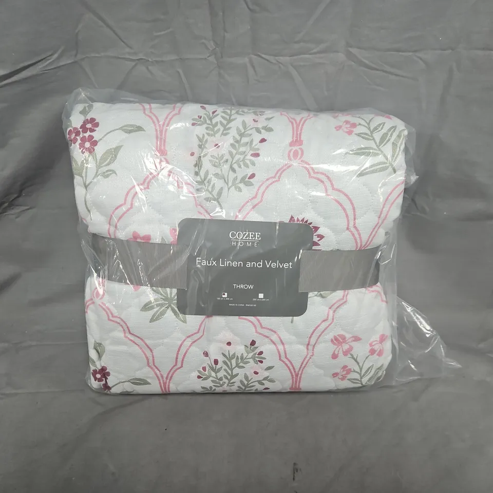 COZEE HOME FAUX LINEN & VELVET THROW – FLORAL PATTERN - 150CM X 200CM