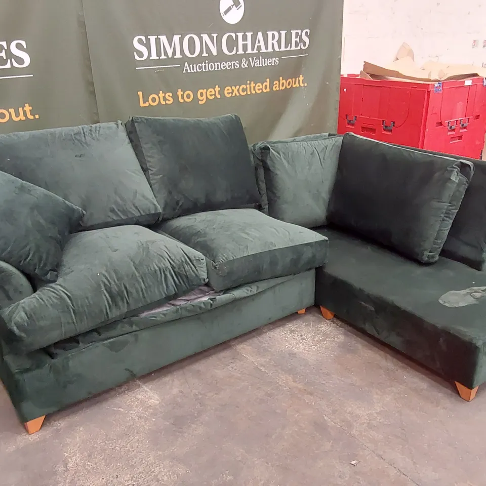 QUALITY DESIGNER GREEN VELVET UPHOLSTERED CORNER SOFA BED - MISSING CUSHIONS