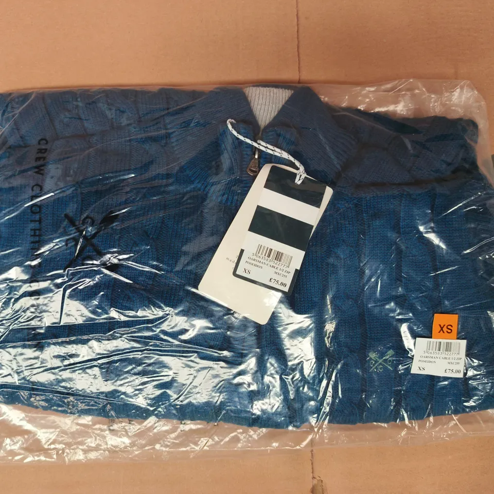 BAGGED CREW CLOTHING COMPANY OARSMAN CABLE 1/2 ZIP JUMPER IN POSEIDON BLUE SIZE XS