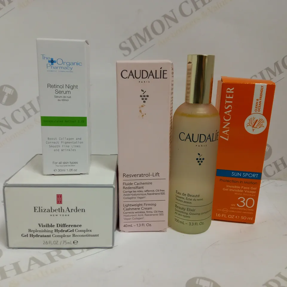 LOT OF 5 DESIGNER SKIN CARE ITEMS, TO INCLUDE CAUDALIE, ELIZABETH ARDEN, LANCASTER & THE ORGANIC PHARMACY RRP £165