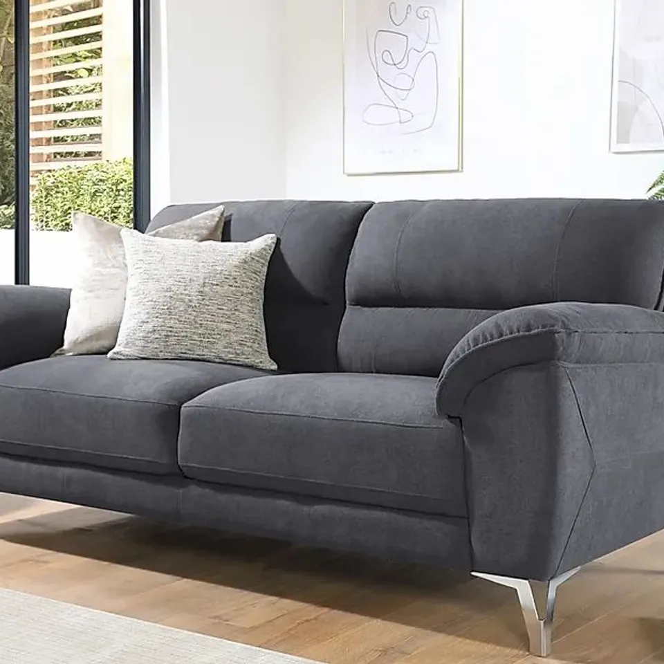 BOXED DESIGNER MADRID SLATE GREY PLUSH FABRIC THREE SEATER SOFA (1 BOX)
