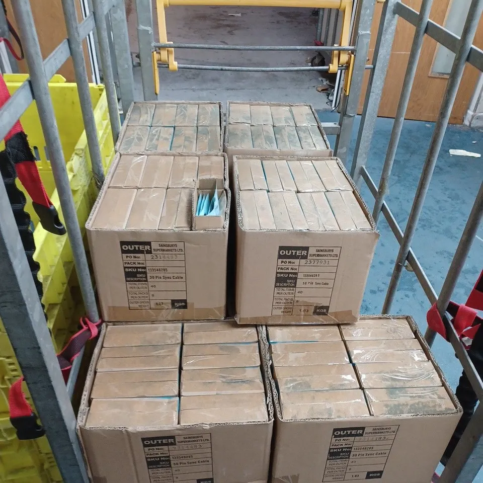 CAGE OF APPROXIMATELY 16 BOXES OF CHARGE AND SYNC CABLE 30 PIN - 1 METRE - 40 PER BOX - COLLECTION ONLY 