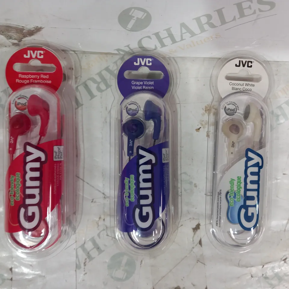 BOX OF APPROXIMATELY 20 ASSORTED JVC GUMY STEREO HEADPHONES IN VARIOUS COLOURS