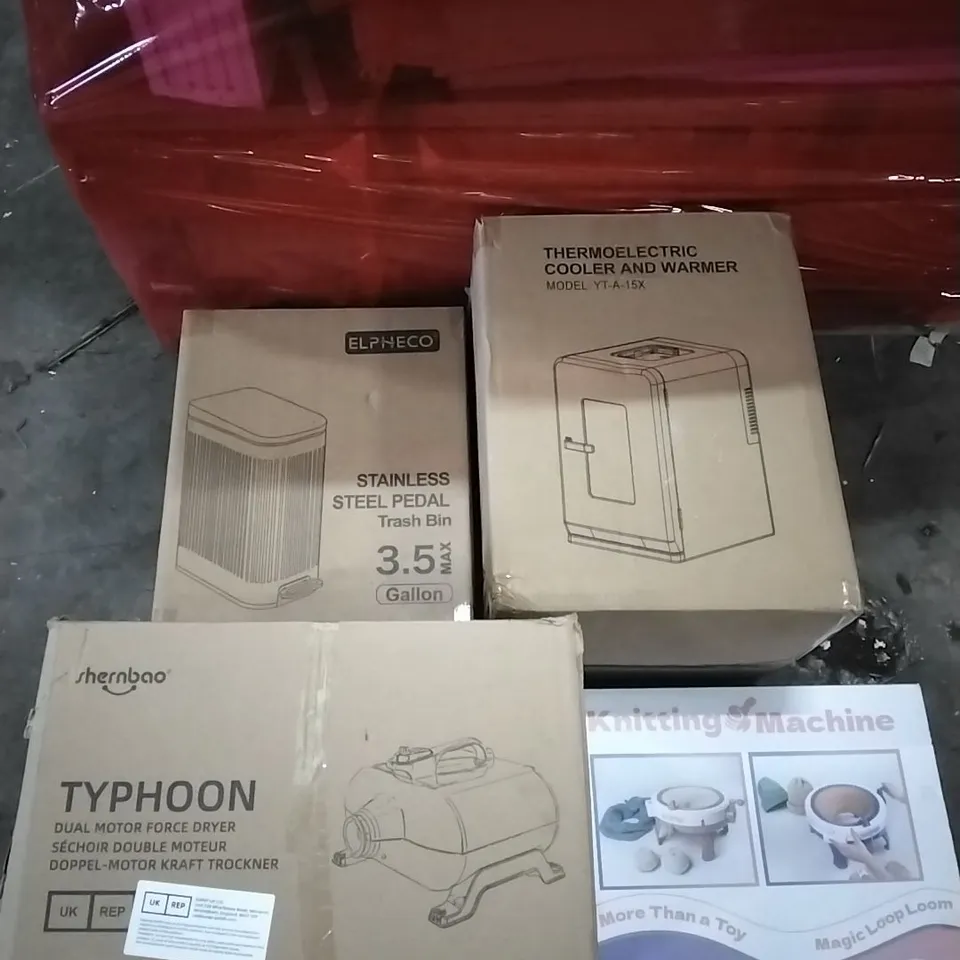 PALLET OF HOUSEHOLD ITEMS TO INCLUDE STAINLESS STEEL PEDAL TRASH BIN,TYPHOON DUAL MOTOR FORCE DRYER,KNITTING MACHINE AND OTHER ASSORTED ITEMS...