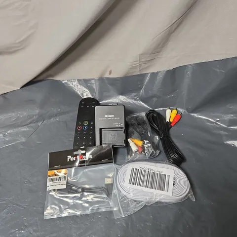 APPROXIMATELY 12 ASSORTED ITEMS TO INCLUDE SKY REMOTE CONTROL, CABLES, NIKON CHARGER ETC