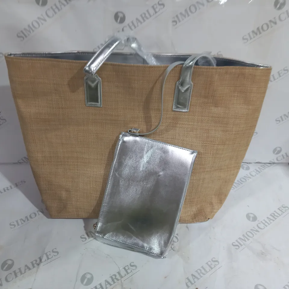 RUTH LANGSFORD BEIGE BEACH TOTE BLACK INTERIOR AND SILVER ACCENTS AND SILVER PURSE INCLUDED