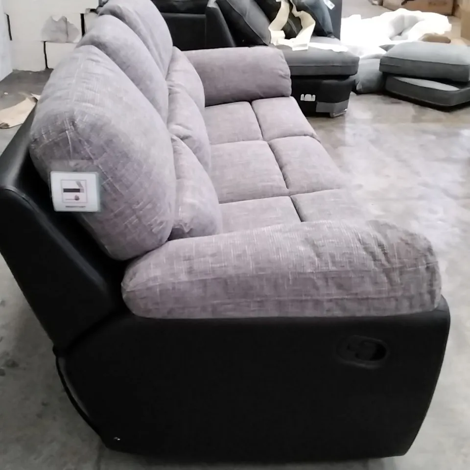 QUALITY DESIGNER SANTORI 3 SEATER RECLINER SOFA - BLACK LEATHER/GREY FABRIC 