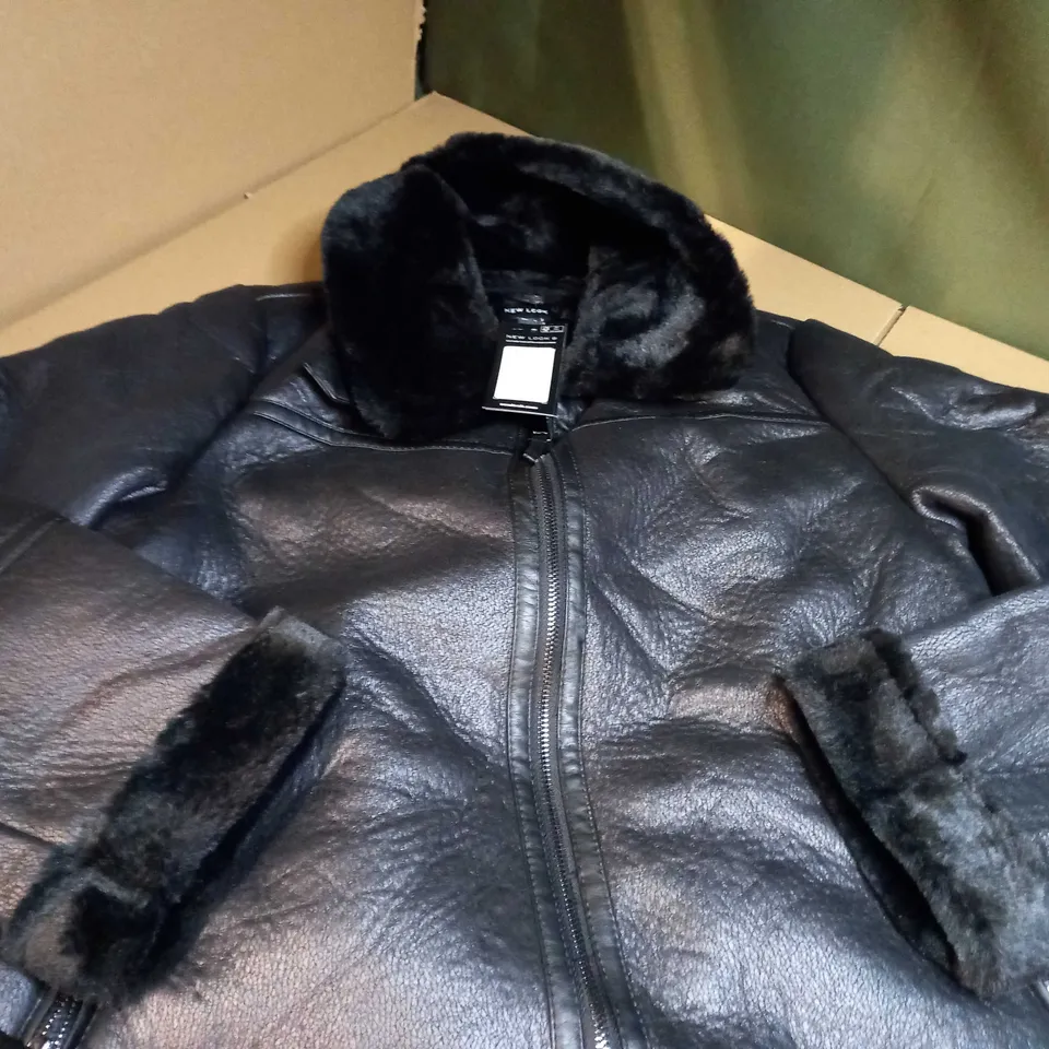 NEW LOOK BLACK LEATHER LOOK FAUX FUR AVIATOR JACKET - SIZE 12