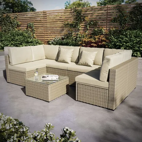 BOXED 6 SEATER BEIGE U SHAPED RATTAN GARDEN SOFA SET WITH MATCHING COFFEE TABLE (3BOXES)