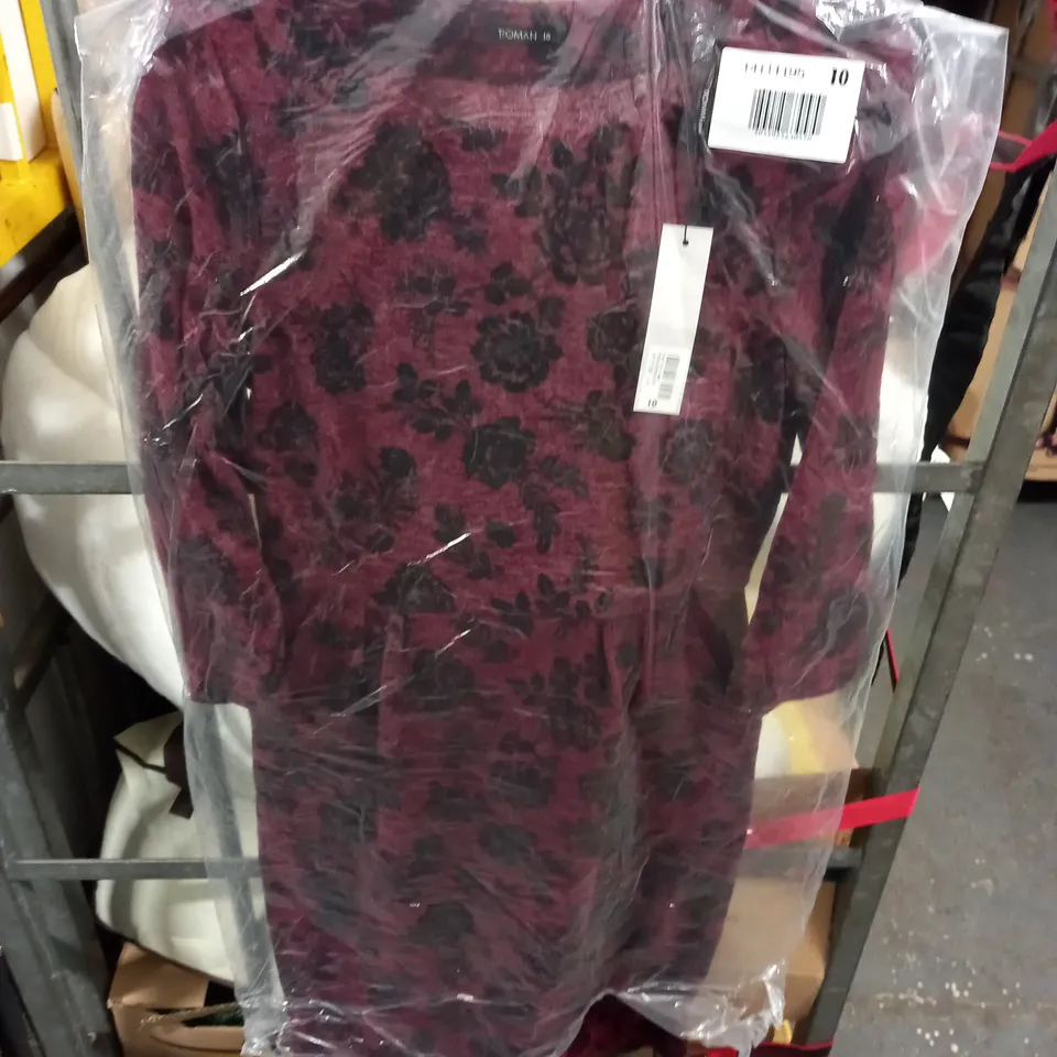 ROMAN FLORAL FLOCK DRESS IN WINE - S 10