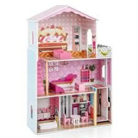 BOXED COSTWAY PINK 3 STOREY WOODEN DOLLHOUSE PLAY SET