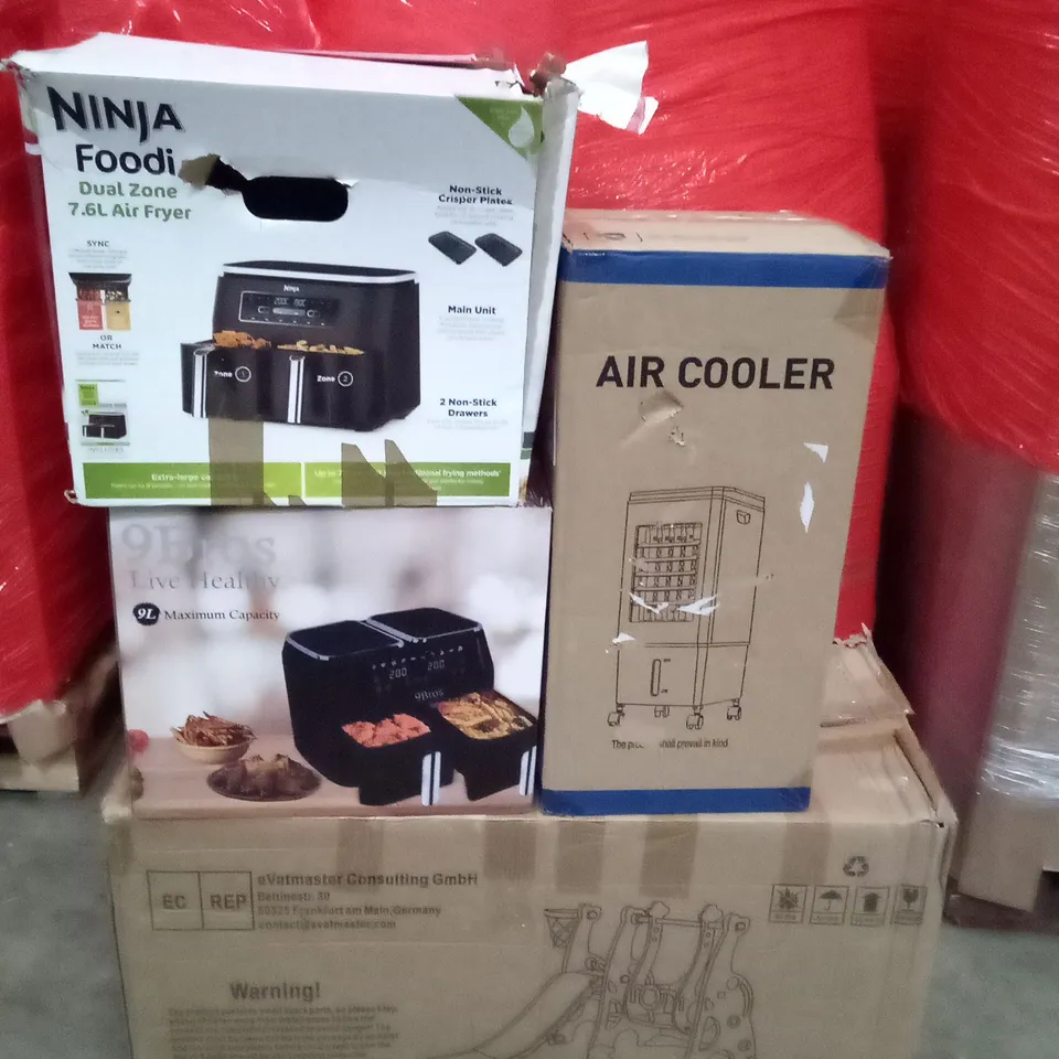 PALLET OF ASSORTED ITEMS INCLUDING NINJA FOODI DUAL ZONE AIR FRYER, AIR COOLER, SLIDE & SWING COMBINATION, 9L DUAL AIR FRYER, PELONIS AIR COOLER