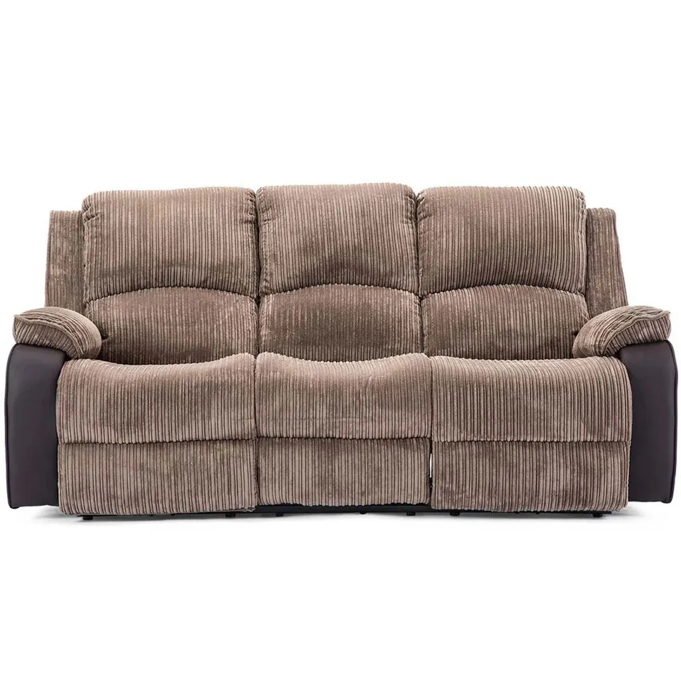 BOXED DESIGNER ELECTRIC 3 SEATER BROWN FABRIC RECLINER SOFA (1 BOX)