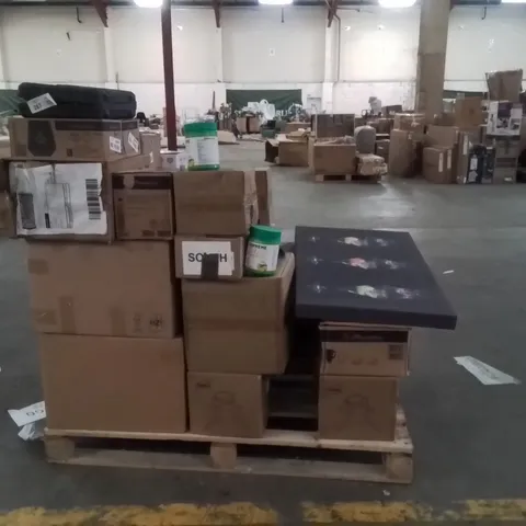 PALLET OF ASSORTED HOUSEHOLD GOODS AND PRODUCTS TO INCLUDE;AIR FRYER,DOG CAGE,SWAN TEA MACHINE,PASABAHCE GLASSES,CANVAS PRINT,RECIPROCATING SAW,SUPREME DIETARY SUPPLEMENTS,IRON