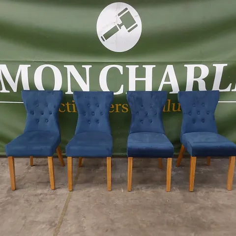 SET OF 4 BEWLEY BLUE VELVET BUTTON BACK DINING CHAIRS WITH OAK LEGS